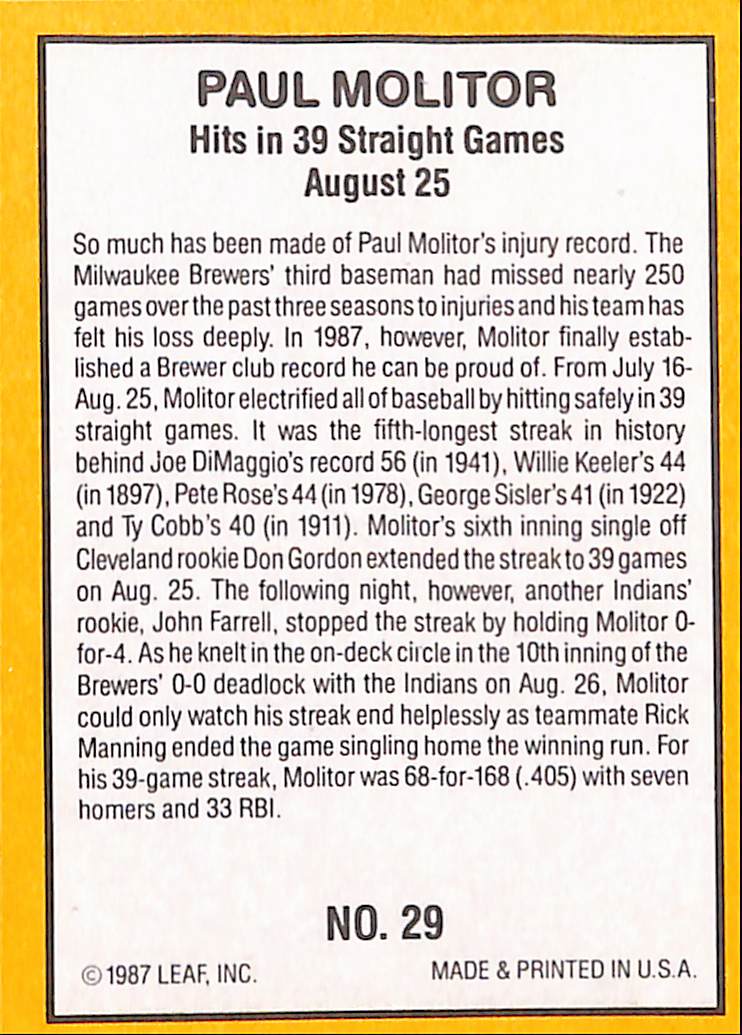 FIINR Baseball Card 1987 Donruss Paul Molitor Highlights Vintage MLB Baseball Card #29 - Mint Condition