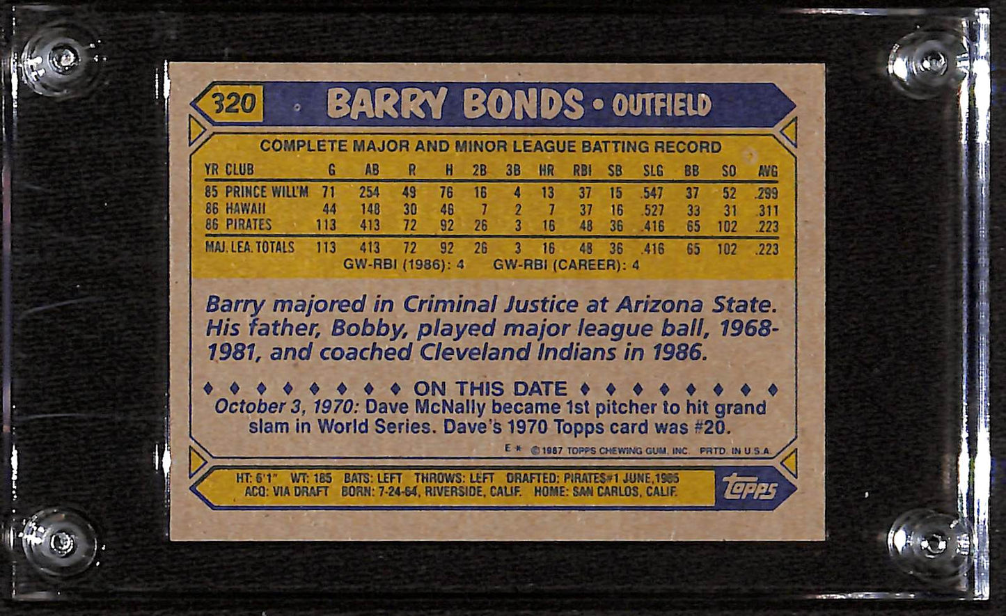 FIINR Baseball Card 1987 Topps Barry Bonds Rookie MLB Baseball Error Card #320 - Over 6 Errors - Very Rare - Mint Condition