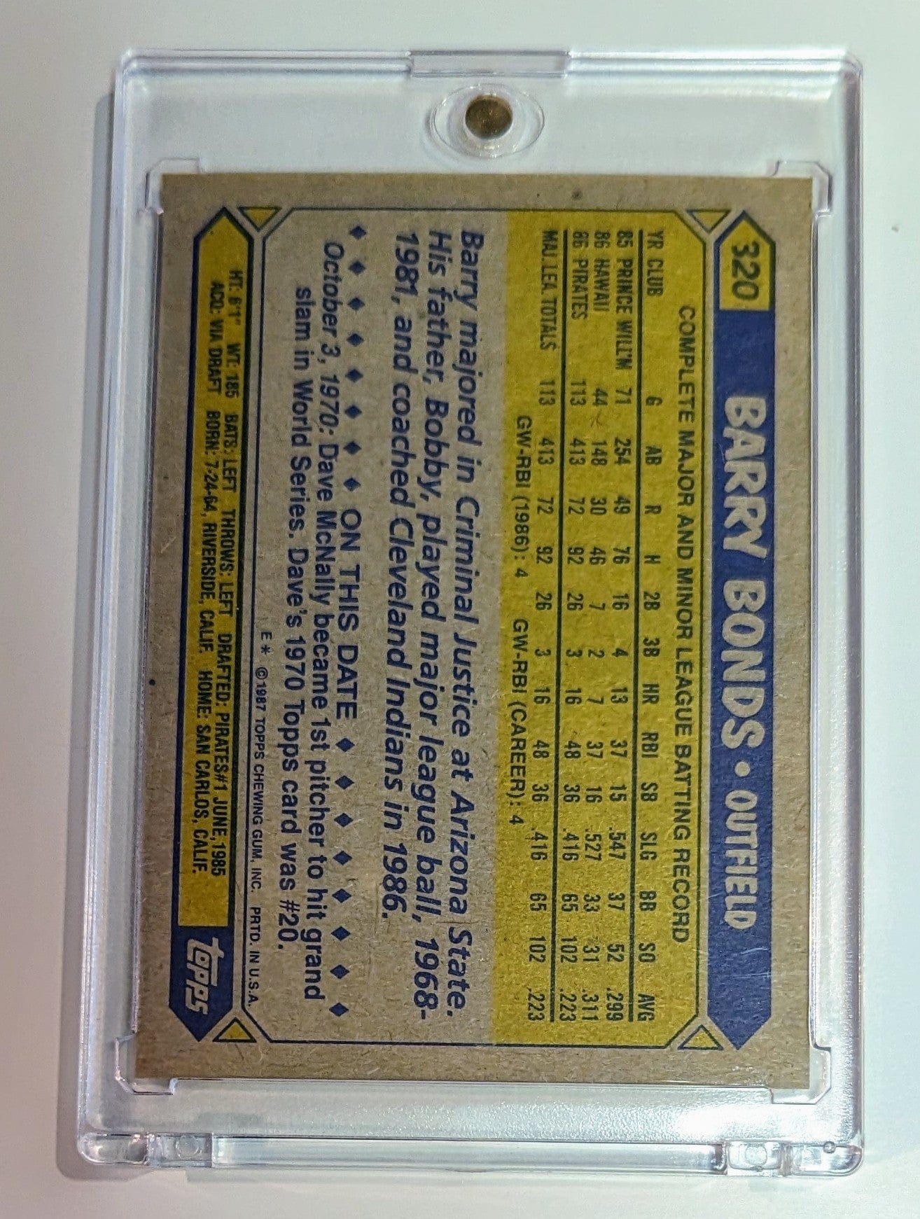 FIINR Baseball Card 1987 Topps Barry Bonds Rookie MLB Baseball Error Card #320 - Over 6 Errors - Very Rare - Mint Condition