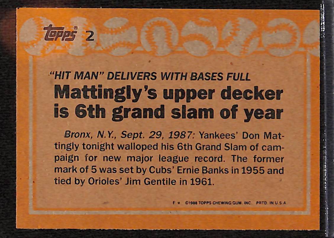 FIINR Baseball Card 1987 Topps Don Mattingly '87 Record Breaker Baseball Card #2 - Mint Condition