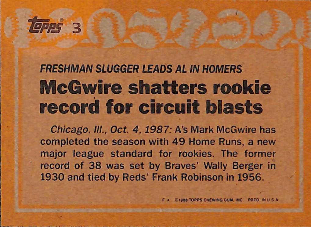 FIINR Baseball Card 1987 Topps Mark McGwire Record Brakers Rookie Baseball Card #3 - Mint Condition