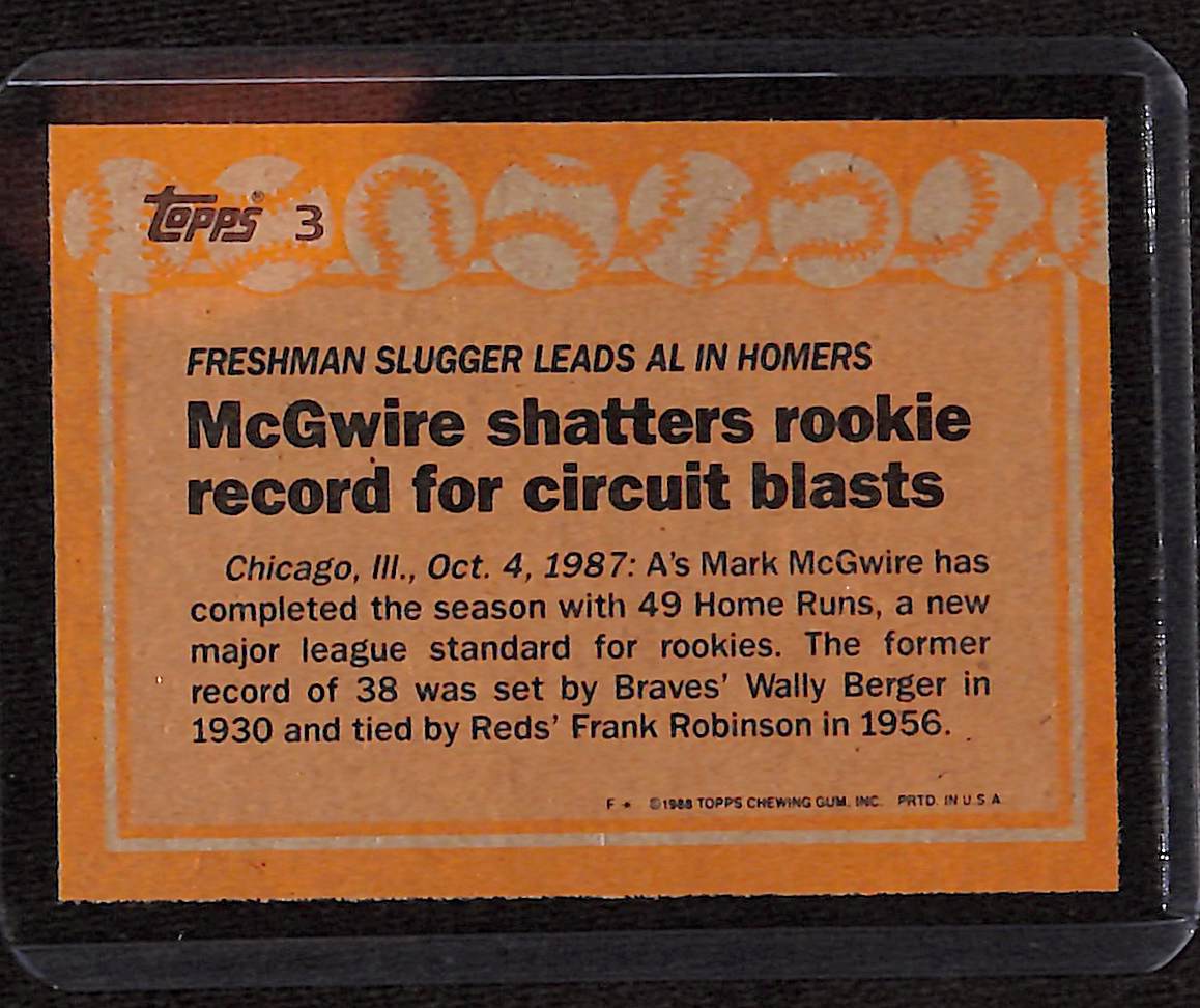 FIINR Baseball Card 1987 Topps Mark McGwire Record Brakers Rookie Baseball Card #3 - Mint Condition