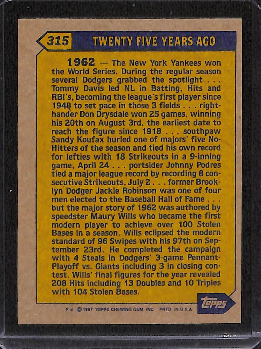 FIINR Baseball Card 1987 Topps Maury Wills Turn Back The Clock Baseball Card #315 - Mint Condition