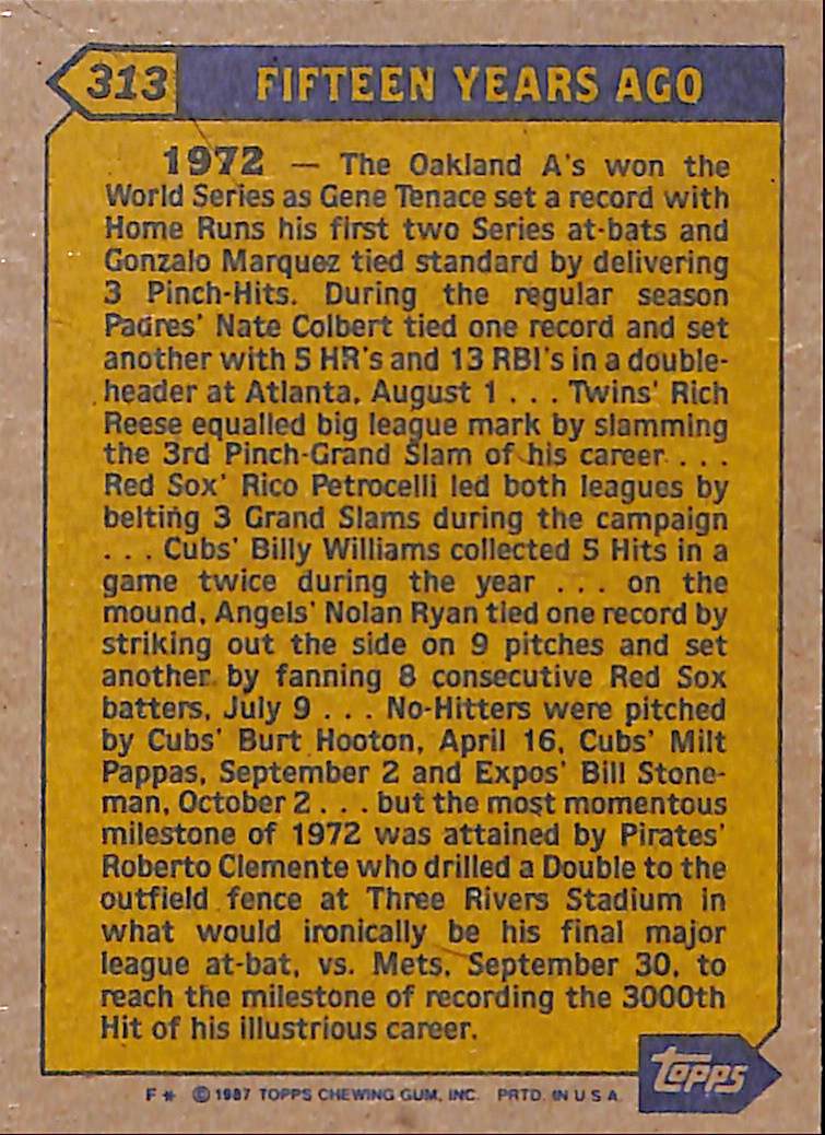 FIINR Baseball Card 1987 Topps Roberto Clemente Turn Back The Clock Vintage Baseball Card #313 - Mint Condition