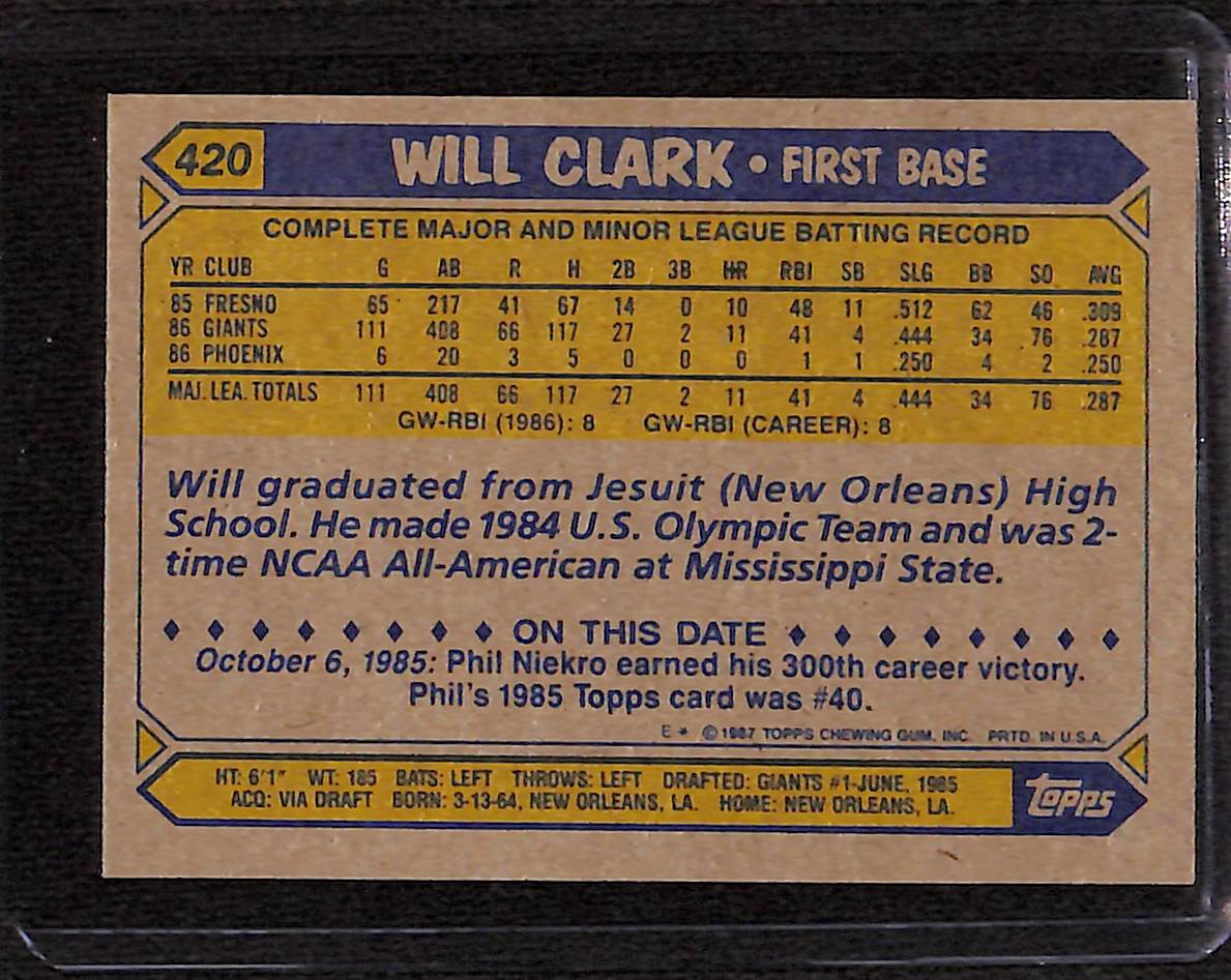 FIINR Baseball Card 1987 Topps Will Clark Vintage MLB Baseball Player Card #420 - Mint Condition