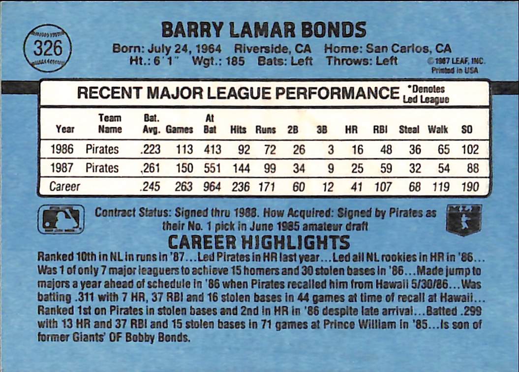 FIINR Baseball Card 1988 Donruss Barry Bonds Baseball Card #326 - Mint Condition