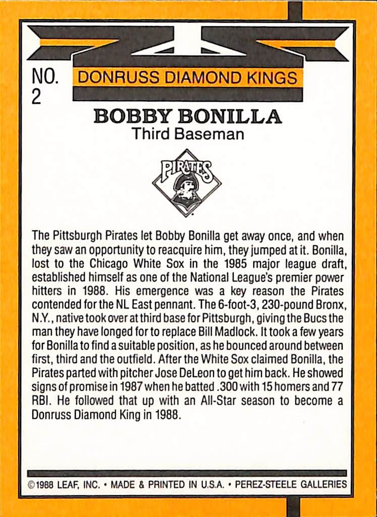 FIINR Baseball Card 1988 Donruss Diamond Kings Bobby Bonilla Baseball Card #2 - Mint Condition