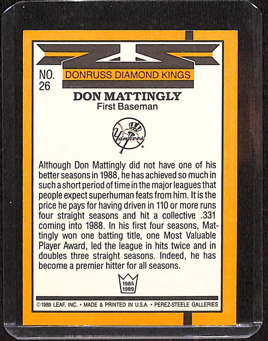 FIINR Baseball Card 1988 Donruss Diamond Kings Don Mattingly Baseball Card #26 - Mint Condition