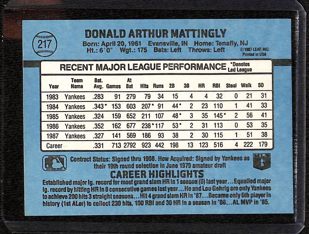 FIINR Baseball Card 1988 Donruss Don Mattingly Baseball Card #217 - Mint Condition