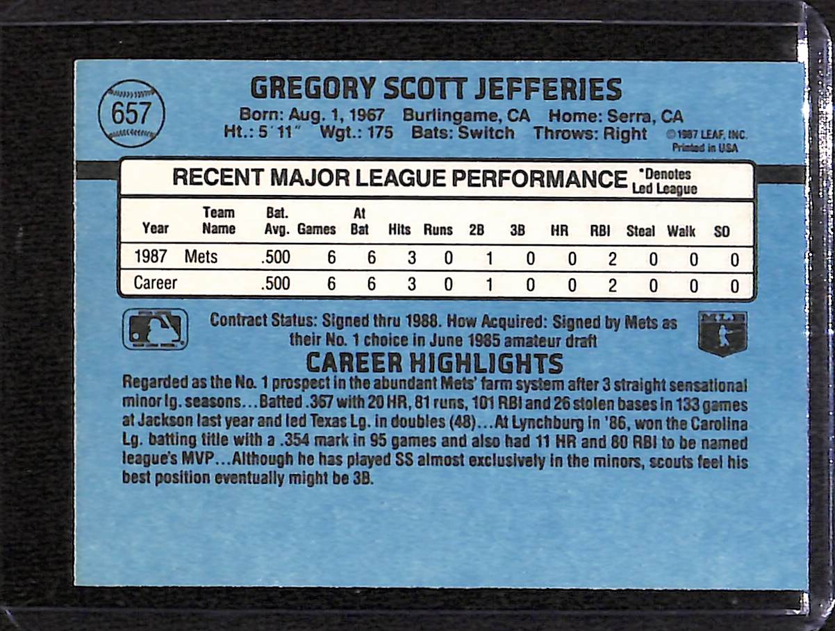 FIINR Baseball Card 1988 Donruss Gregg Jefferies Vintage MLB Baseball Rookie Card #657 - Rookie Card - Mint Condition