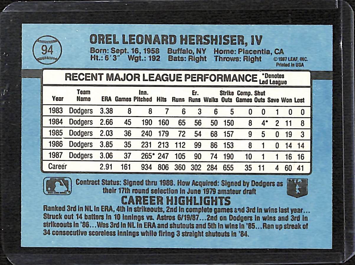 FIINR Baseball Card 1988 Donruss Orel Hershiser Vintage Baseball Card #94 - Mint Condition