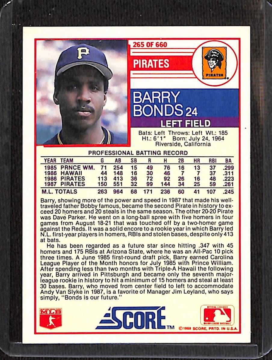 FIINR Baseball Card 1988 Score Barry Bonds Baseball Card #265 - Mint Condition