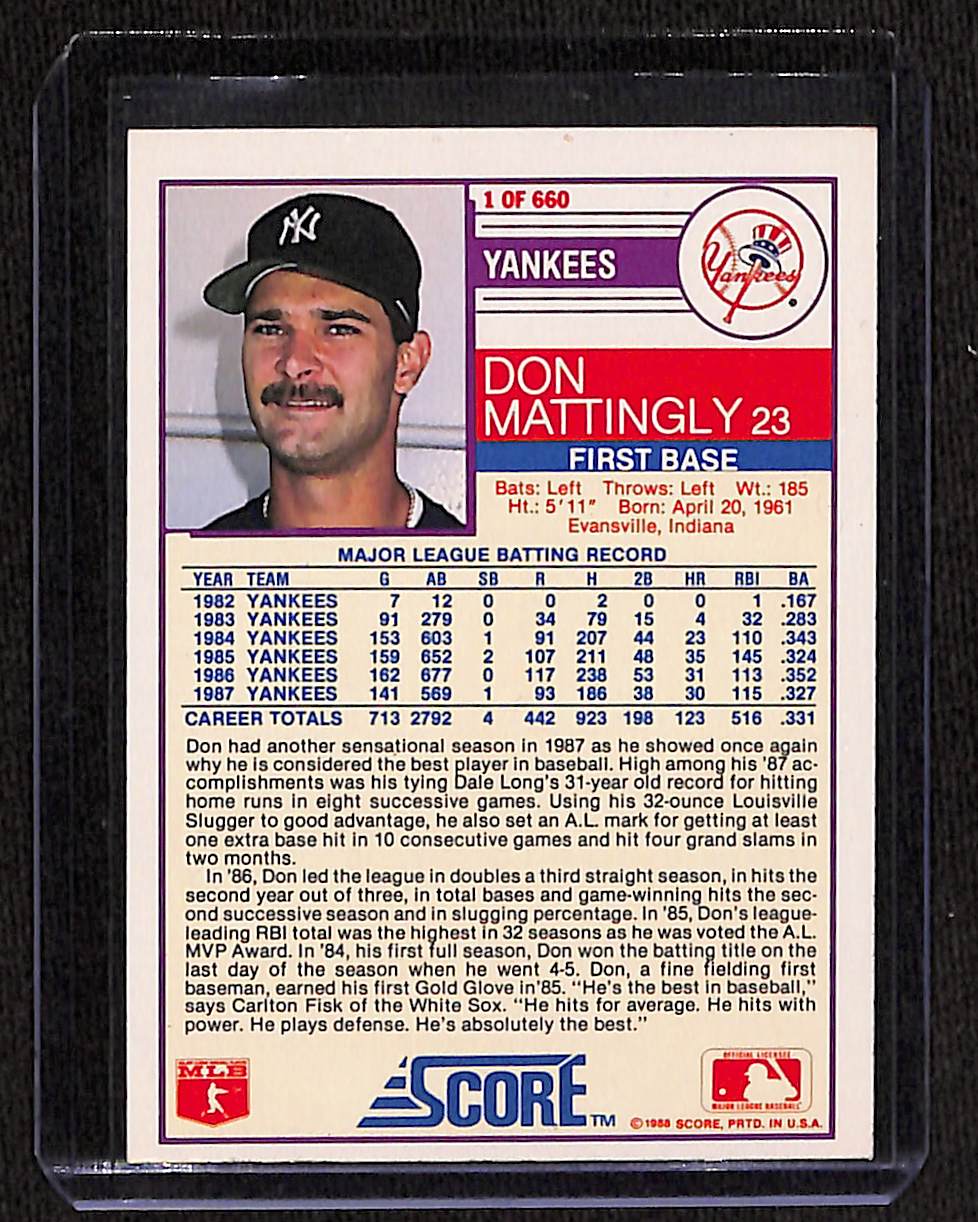 FIINR Baseball Card 1988 Score Don Mattingly MLB Baseball Card #1 - Mint Condition