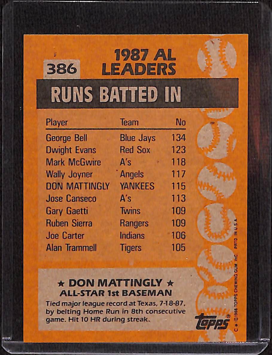 FIINR Baseball Card 1988 Topps All-Star Don Mattingly Vintage Baseball Card #386 - Mint Condition