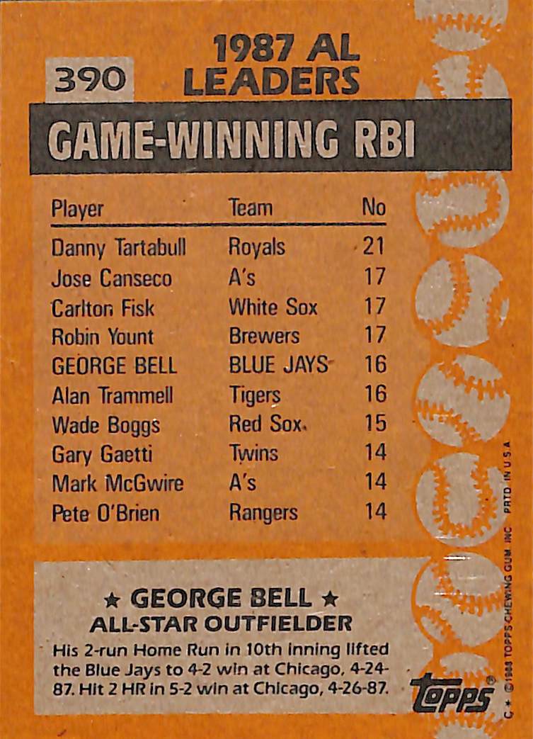 FIINR Baseball Card 1988 Topps All-Star Jorge - George Bell MLB Vintage Baseball Player Card #390 - Mint Condition