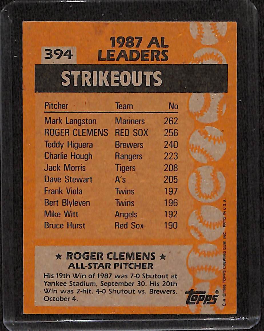 FIINR Baseball Card 1988 Topps All-Star Roger Clemens Vintage Baseball Card #394 - Mint Condition