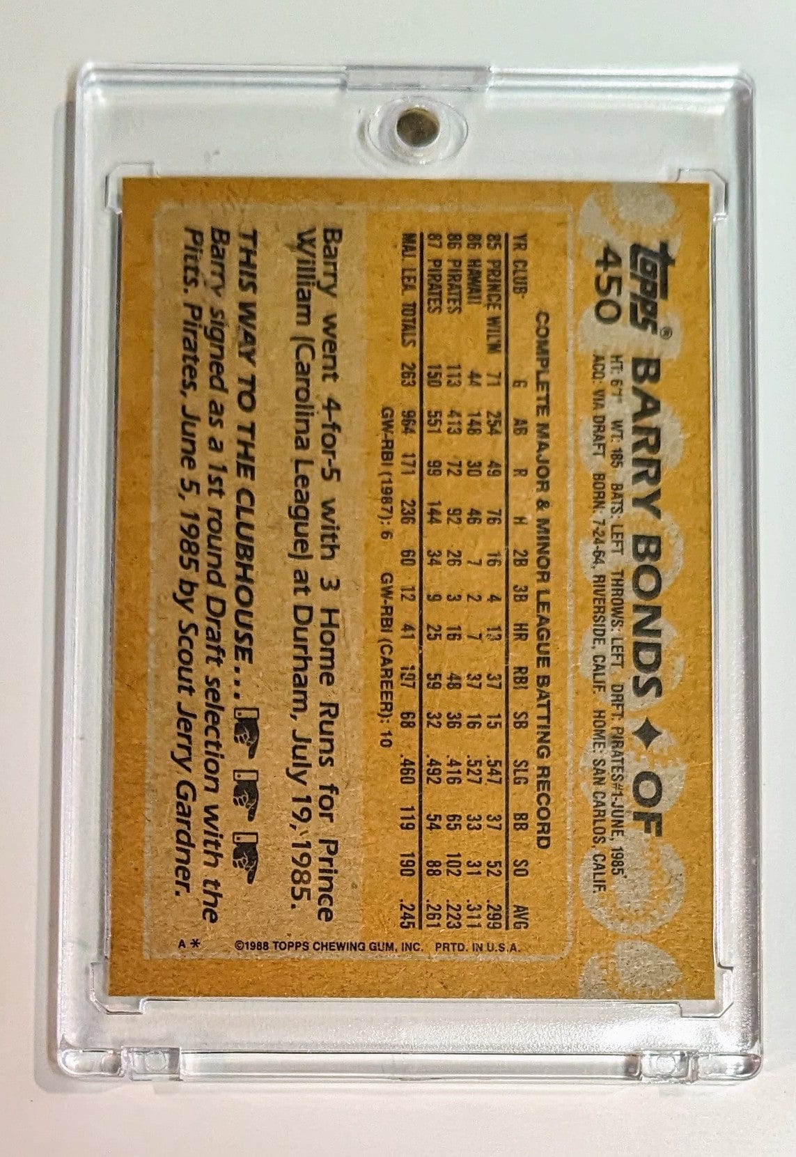FIINR Baseball Card 1988 Topps Barry Bonds Baseball Card #450 - Mint Condition