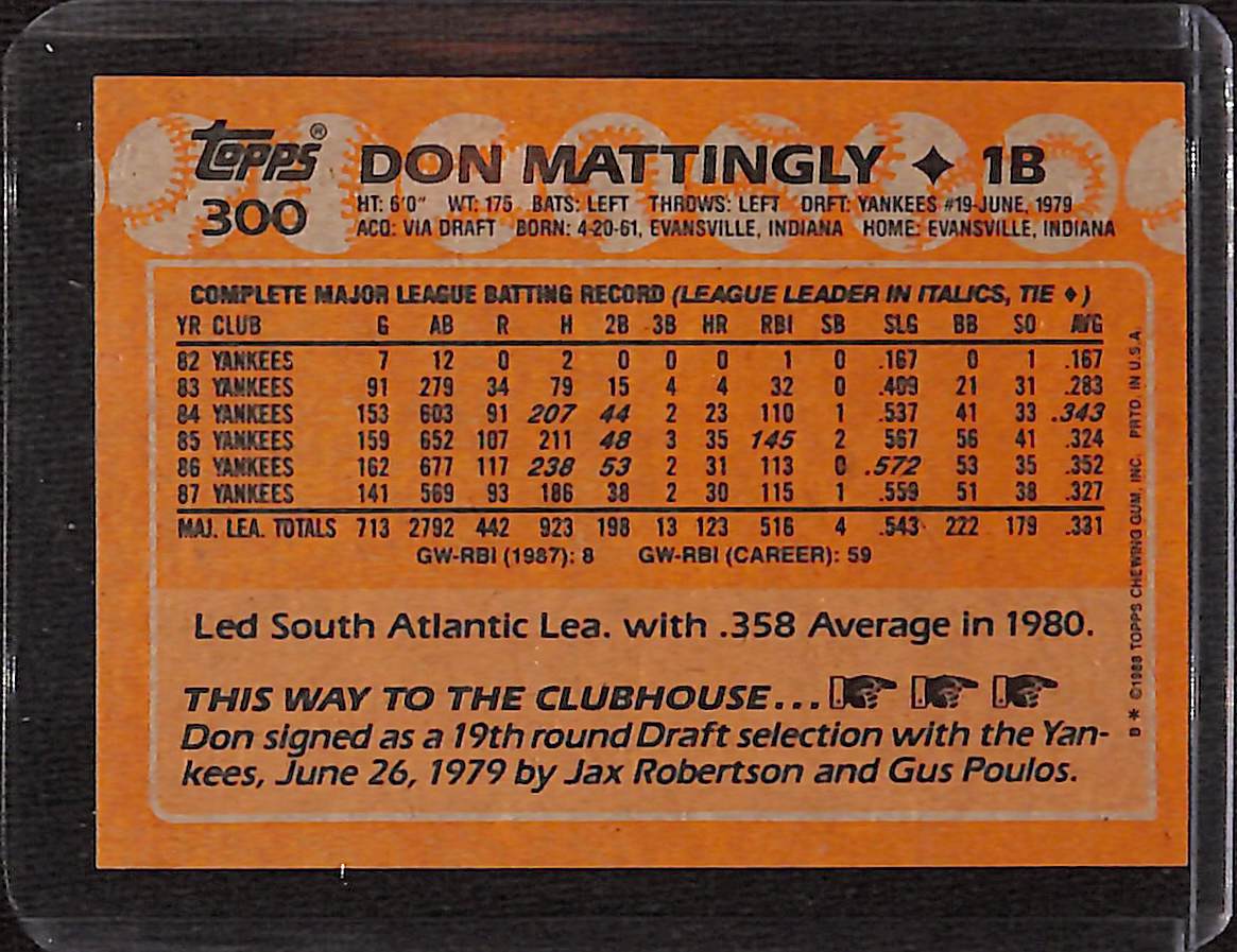 FIINR Baseball Card 1988 Topps Don Mattingly Baseball Card #300 - Mint Condition