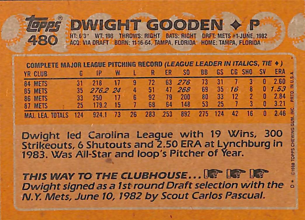 FIINR Baseball Card 1988 Topps Dwight Gooden MLB Vintage Baseball Card #480 - Mint Condition