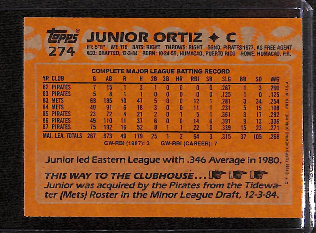 FIINR Baseball Card 1988 Topps Junior Ortiz Vintage MLB Baseball Card #274 - Mint Condition