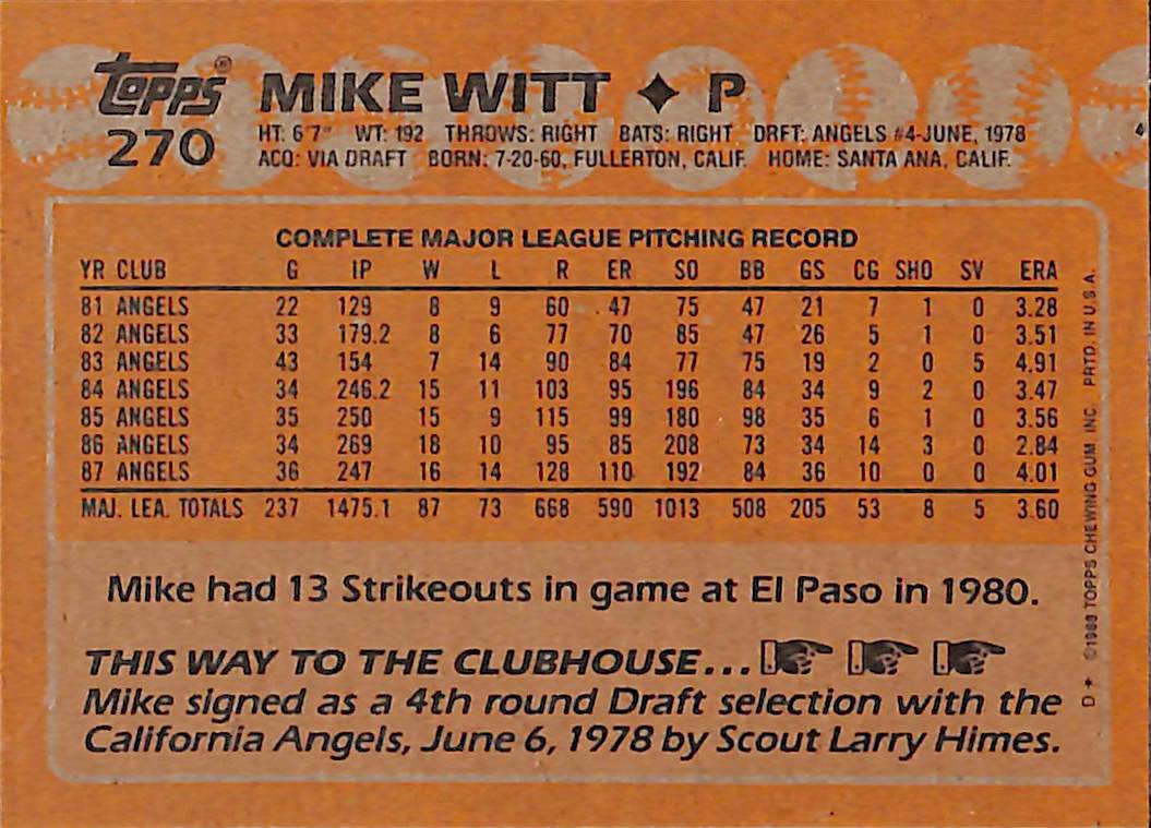 FIINR Baseball Card 1988 Topps Mike Witt Vintage MLB Baseball Card #270 - Mint Condition