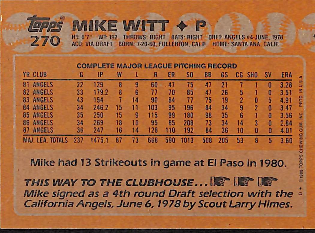FIINR Baseball Card 1988 Topps Mike Witt Vintage MLB Baseball Card #270 - Mint Condition