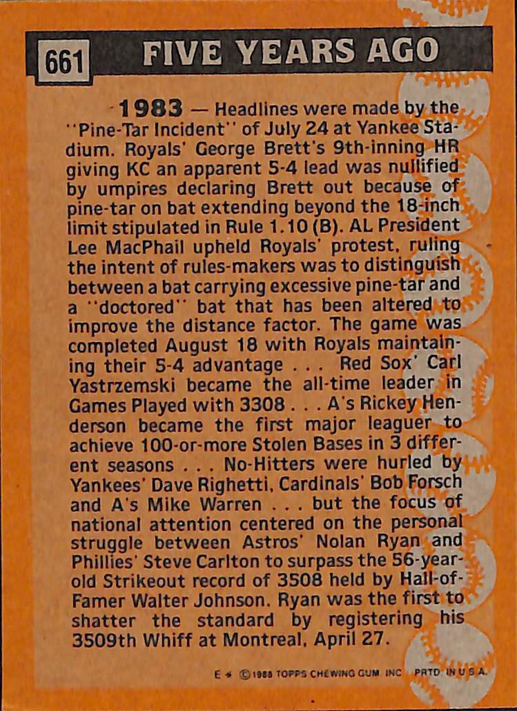 FIINR Baseball Card 1988 Topps Nolan Ryan Vintage Turn Back The Clock Baseball Player Card #661 - Mint Condition