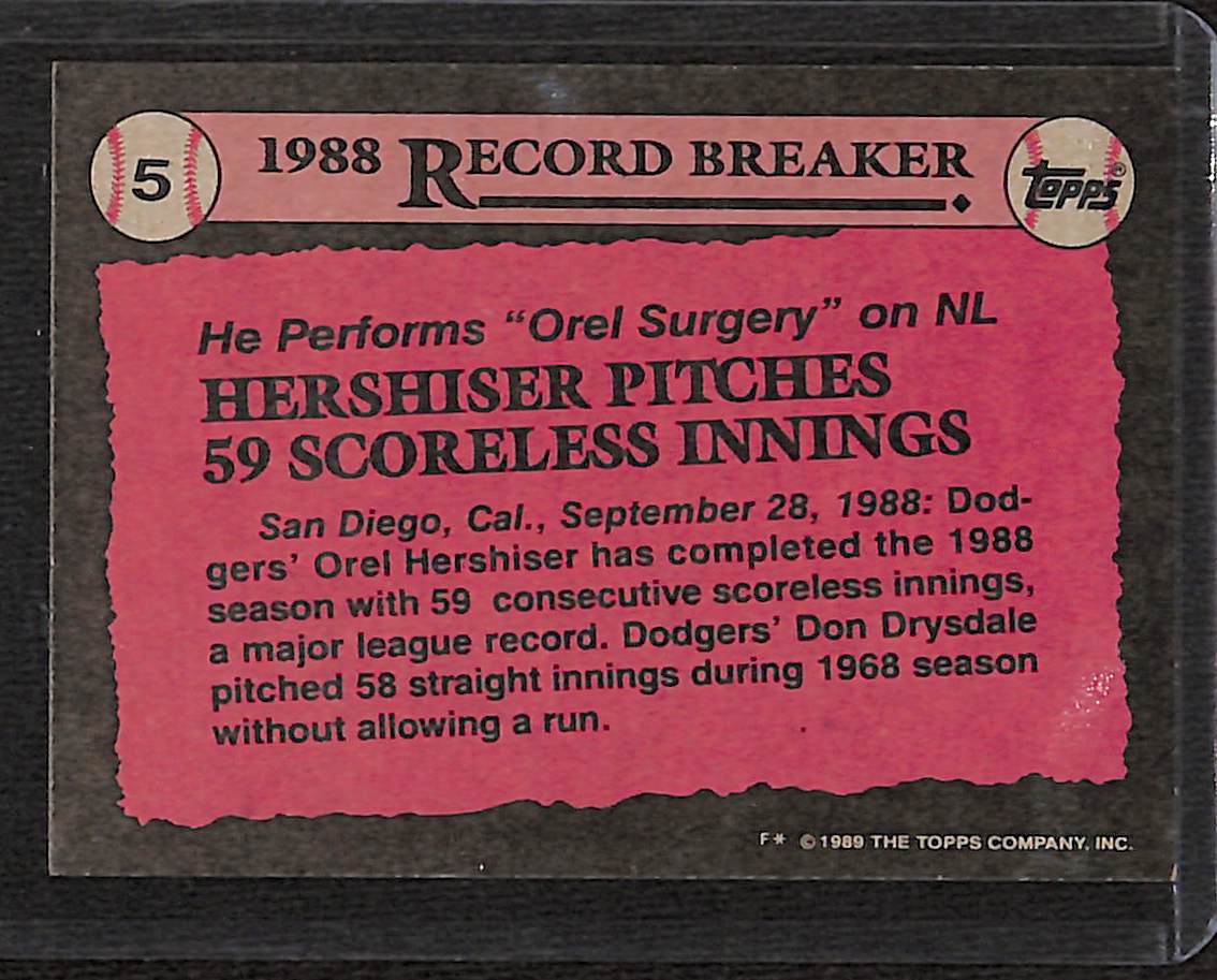 FIINR Baseball Card 1988 Topps Orel Hershiser Rookie Record Breaker Vintage MLB Baseball Card #5 - Good Condition