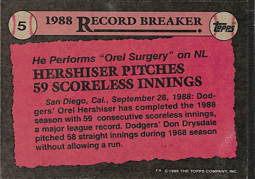 FIINR Baseball Card 1988 Topps Orel Hershiser Rookie Record Breaker Vintage MLB Baseball Card #5 - Good Condition