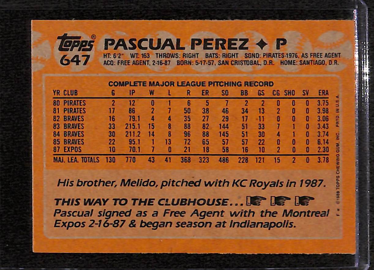 FIINR Baseball Card 1988 Topps Pascual Perez Vintage MLB Baseball Card #647 - Mint Condition