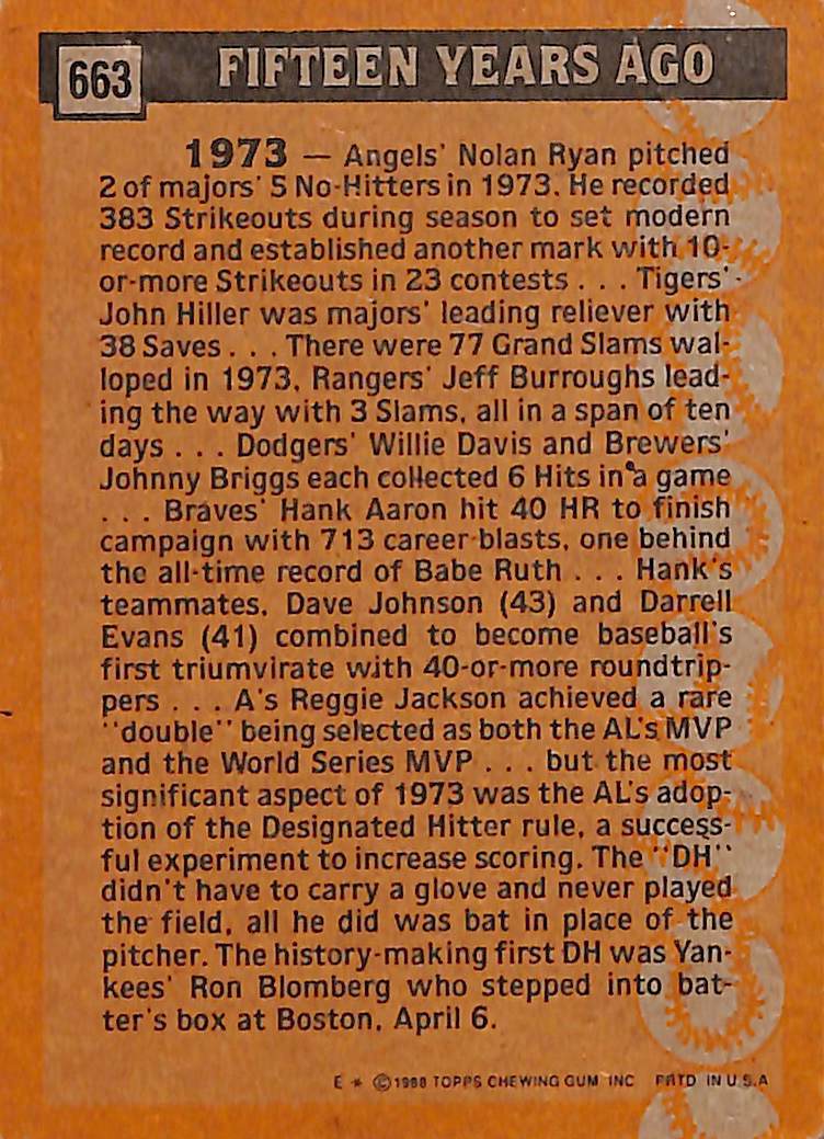 FIINR Baseball Card 1988 Topps Ron Blomberg Turn Back The Clock Vintage Baseball Card #663 - Mint Condition