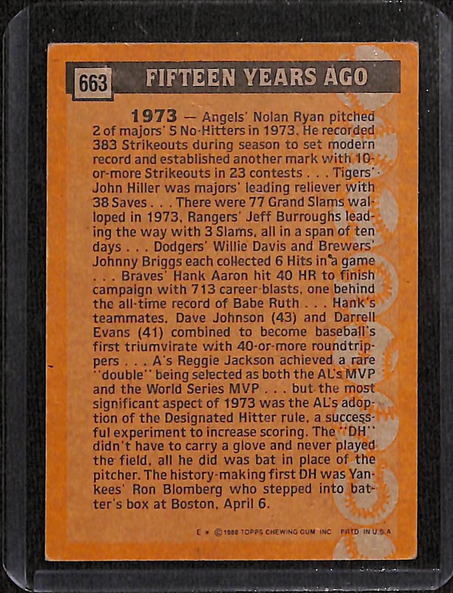 FIINR Baseball Card 1988 Topps Ron Blomberg Turn Back The Clock Vintage Baseball Card #663 - Mint Condition