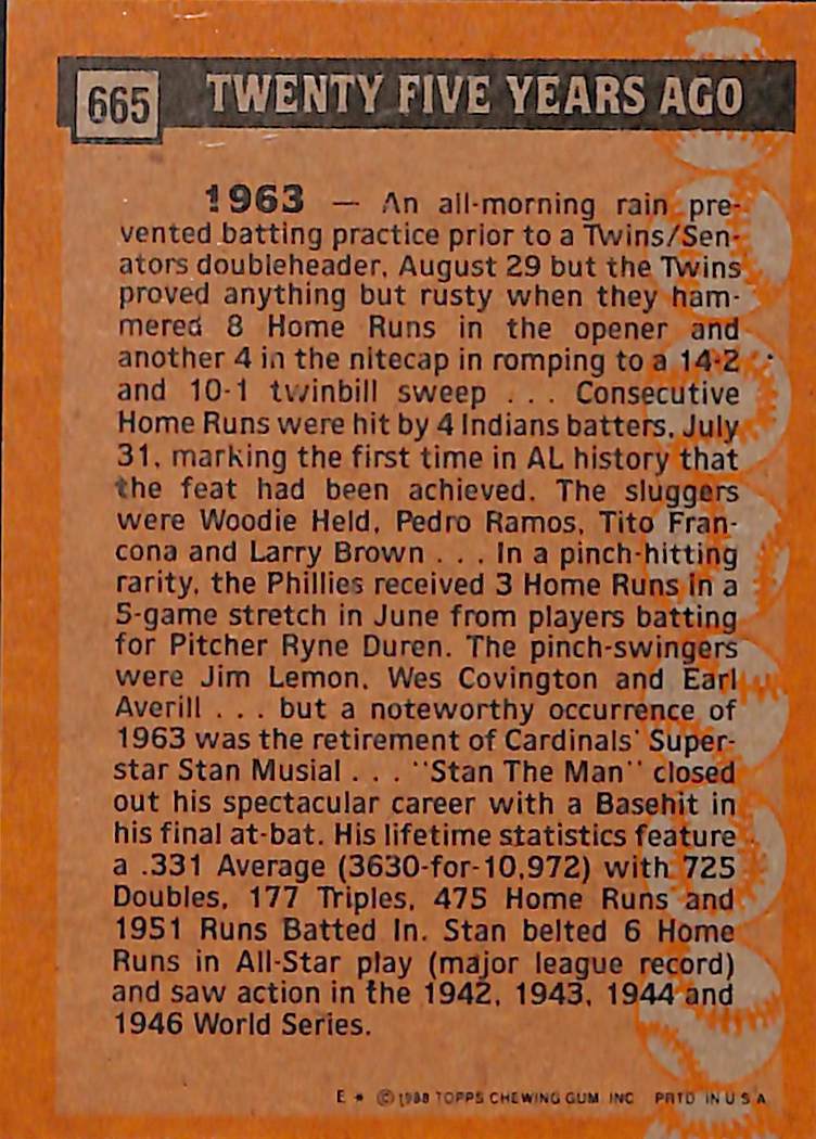 FIINR Baseball Card 1988 Topps Stan Musial Turn Back The Clock Vintage Baseball Card #665 - Mint Condition