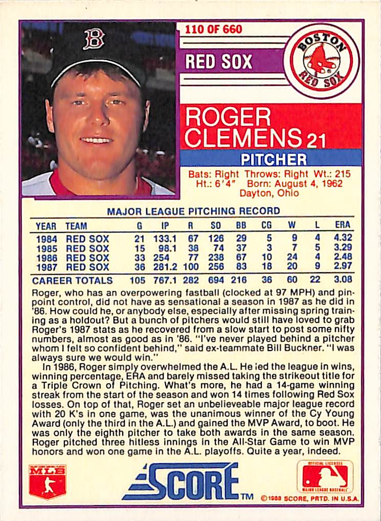 FIINR Baseball Card 1988 Vintage Score Roger Clemens Baseball Card #110 - Mint Condition