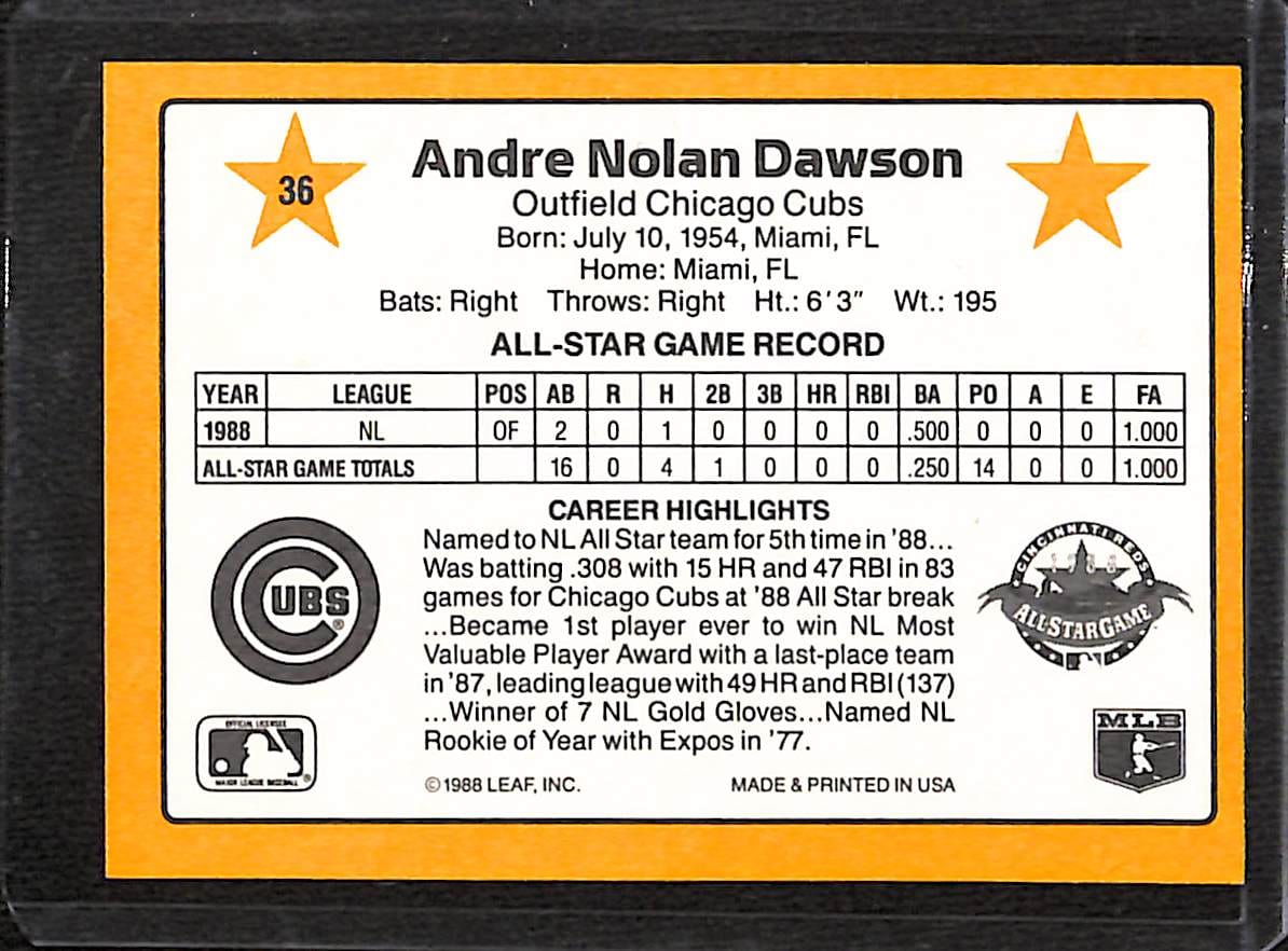 FIINR Baseball Card 1989 Donruss All Stars Andre Dawson Vintage Baseball Card #36 - Mint Condition