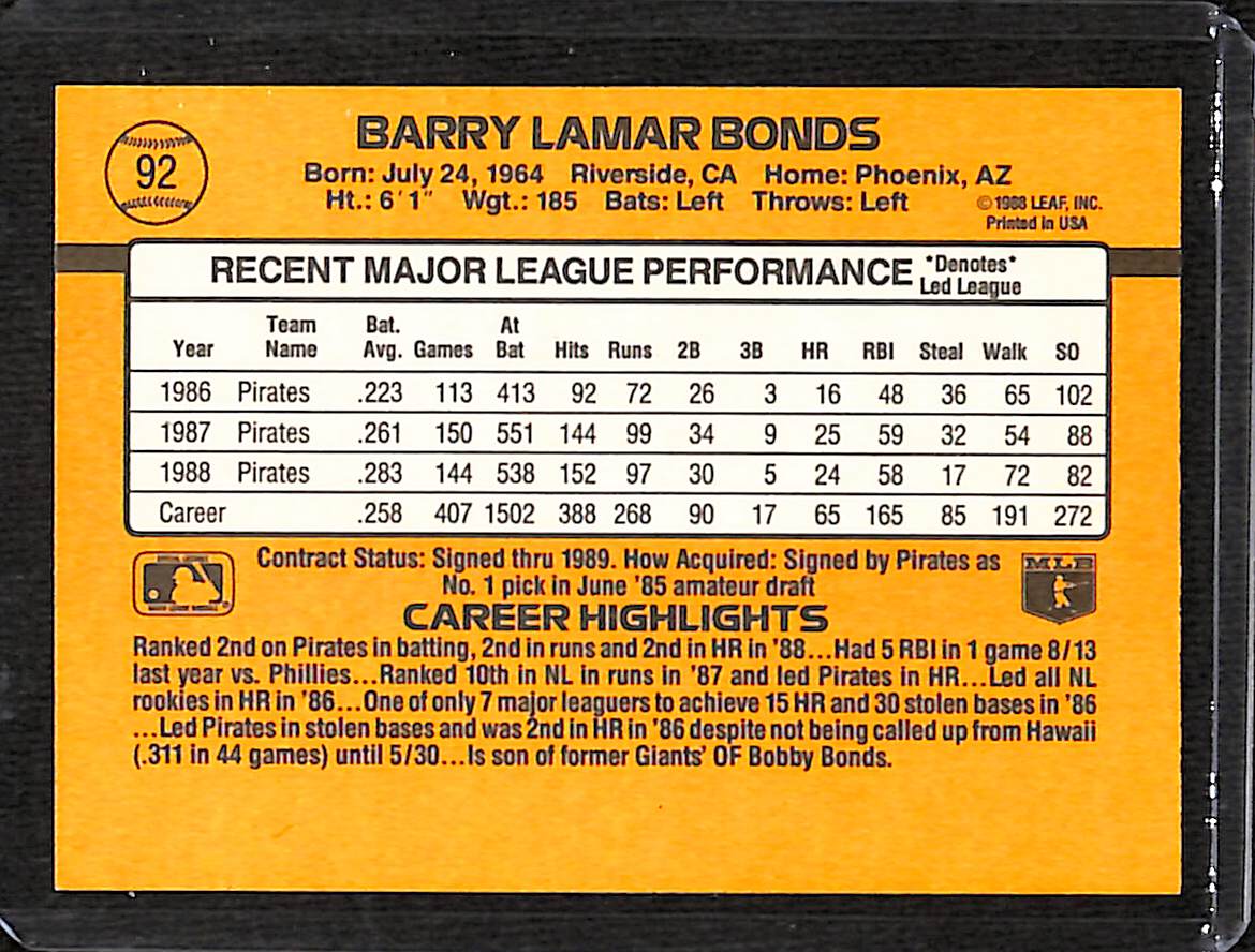 FIINR Baseball Card 1989 Donruss Barry Bonds Baseball Card #92 - Mint Condition