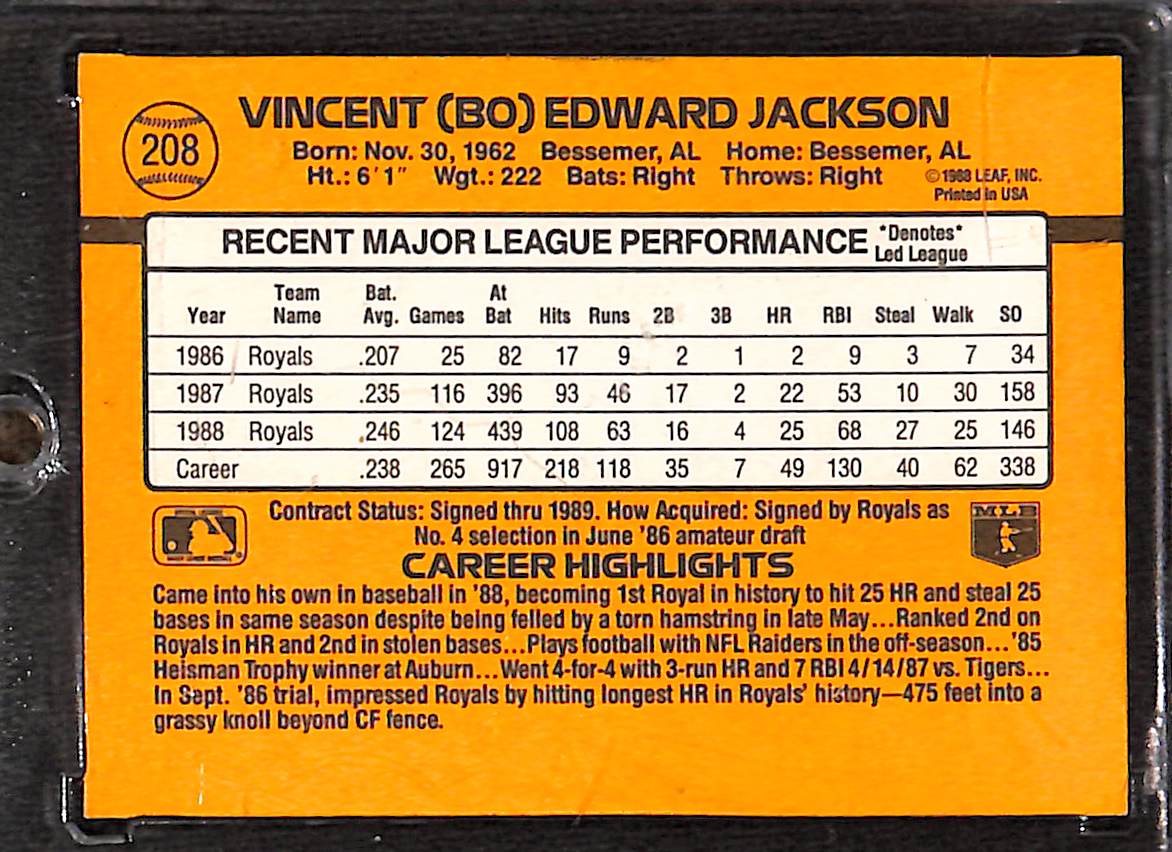 FIINR Baseball Card 1989 Donruss Bo Jackson Vintage Baseball Card Royals #208 - Mint Condition