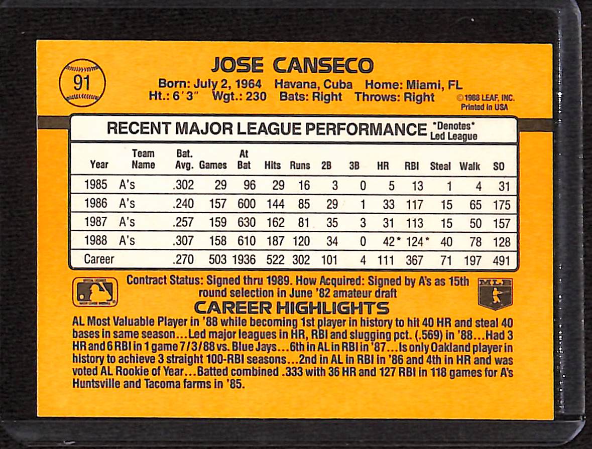 FIINR Baseball Card 1989 Donruss Jose Canseco MLB Baseball Card #BC-5 - Mint Condition