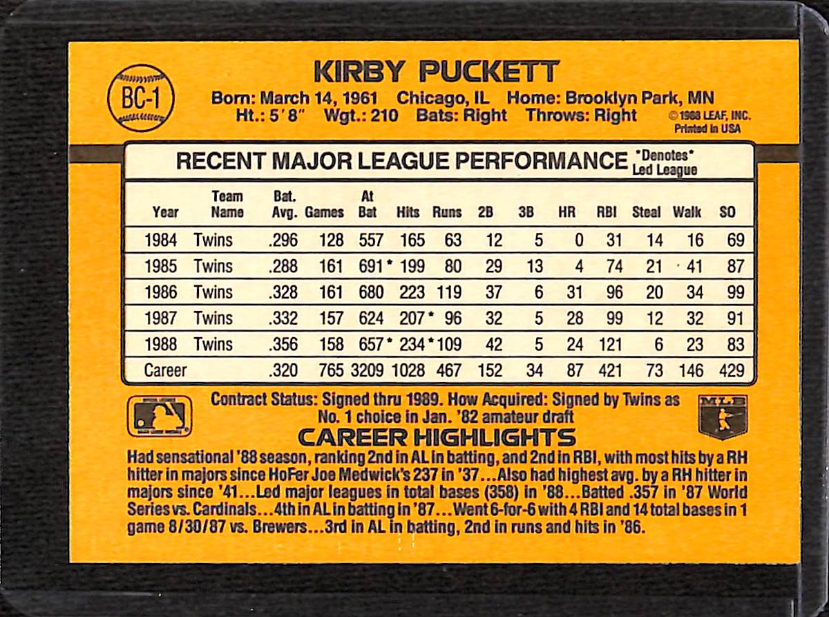 FIINR Baseball Card 1989 Donruss MVP Kirby Puckett MLB Baseball Error Card #BC-1 - Error Card - Mint Condition