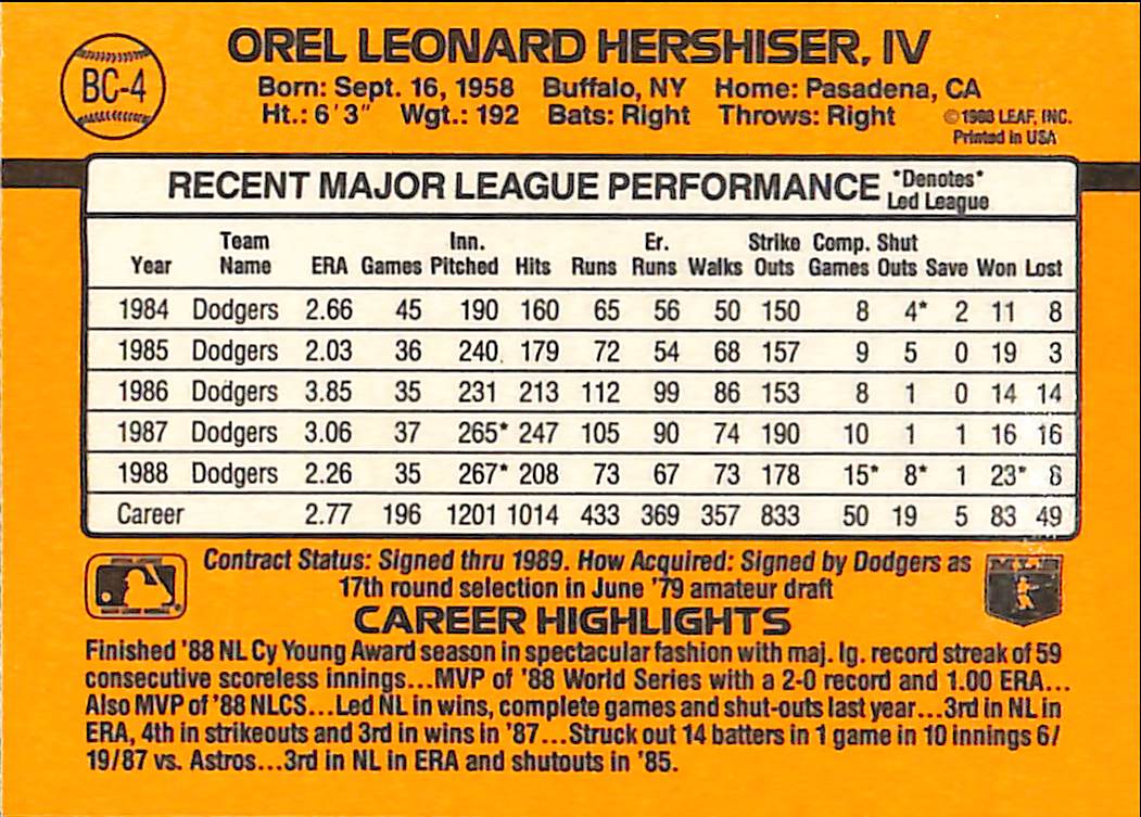 FIINR Baseball Card 1989 Donruss MVP Orel Hershiser Vintage Baseball Card #BC-4 - Mint Condition