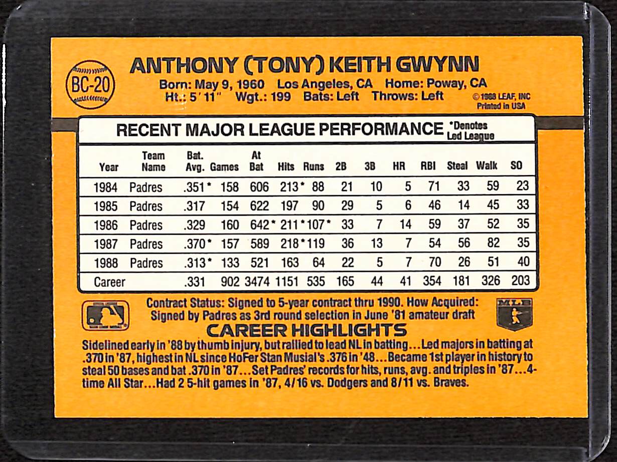 FIINR Baseball Card 1989 Donruss MVP Tony Gwynn Vintage Baseball Error Card #BC-20 - Error Card - Mint Condition
