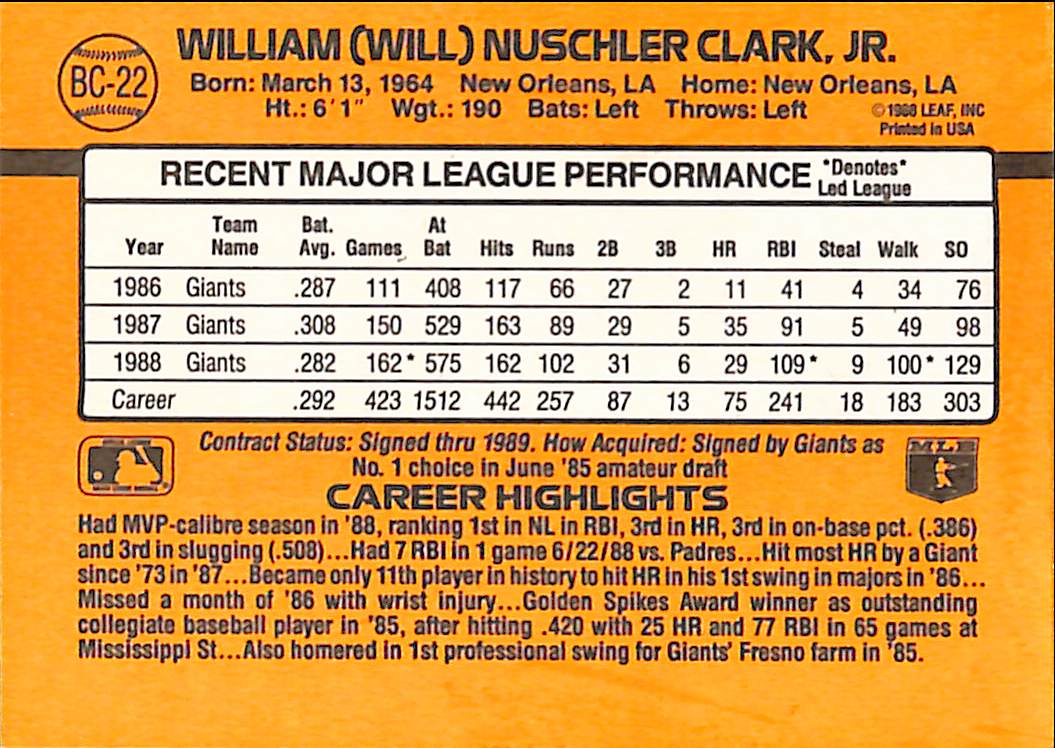 FIINR Baseball Card 1989 Donruss MVP Will Clark MLB Vintage Baseball Player Error Card #BC-22 - Error Card - Mint Condition