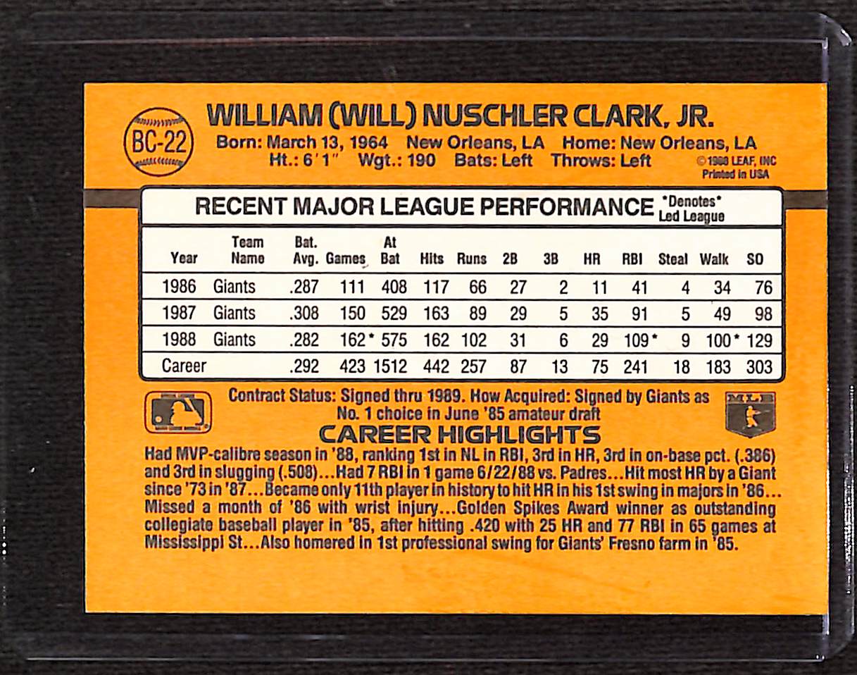 FIINR Baseball Card 1989 Donruss MVP Will Clark MLB Vintage Baseball Player Error Card #BC-22 - Error Card - Mint Condition