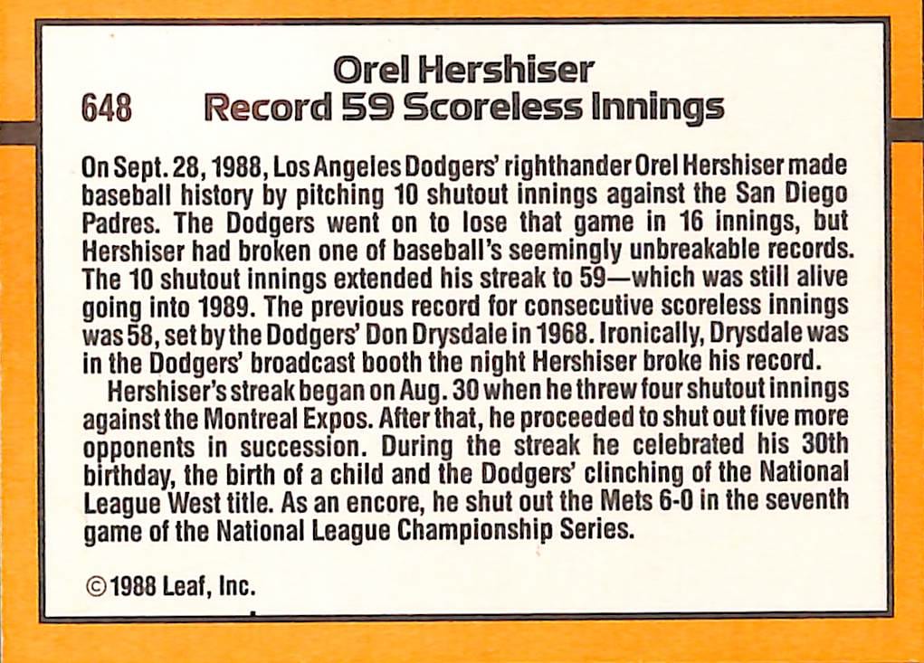 FIINR Baseball Card 1989 Donruss Orel Hershiser Vintage Baseball Card #648 - Mint Condition