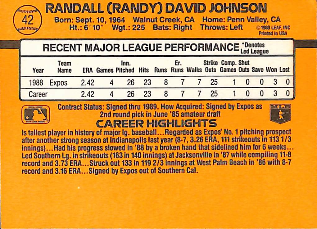 FIINR Baseball Card 1989 Donruss Rated Rookie Randy Johnson Baseball #42- 2 Errors Card