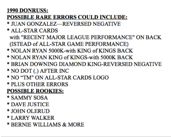 FIINR Baseball Card 1989 Donruss Rated Rookie Randy Johnson Baseball Card #42- 2 Errors Card - Mint Condition