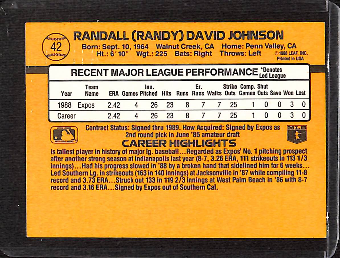 FIINR Baseball Card 1989 Donruss Rated Rookie Randy Johnson MLB Baseball Card #42- Error Card - Mint Condition