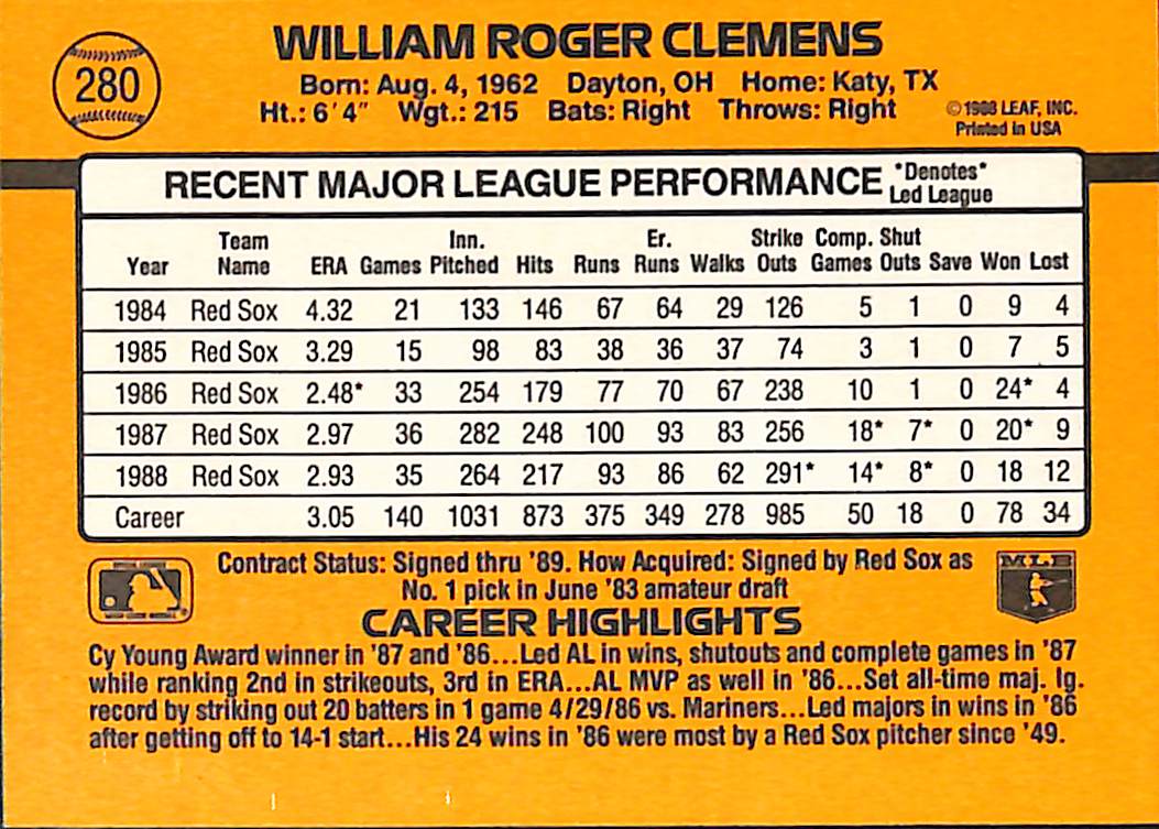 FIINR Baseball Card 1989 Donruss Roger Clemens Vintage Baseball Card #280 - Mint Condition