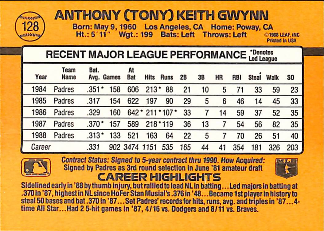FIINR Baseball Card 1989 Donruss Tony Gwynn Vintage Baseball Error Card #128 - Error Card - Mint Condition