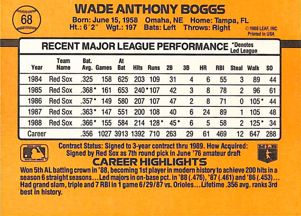 FIINR Baseball Card 1989 Donruss Wade Boggs Baseball Error Card #68 -Error Card - Mint Condition